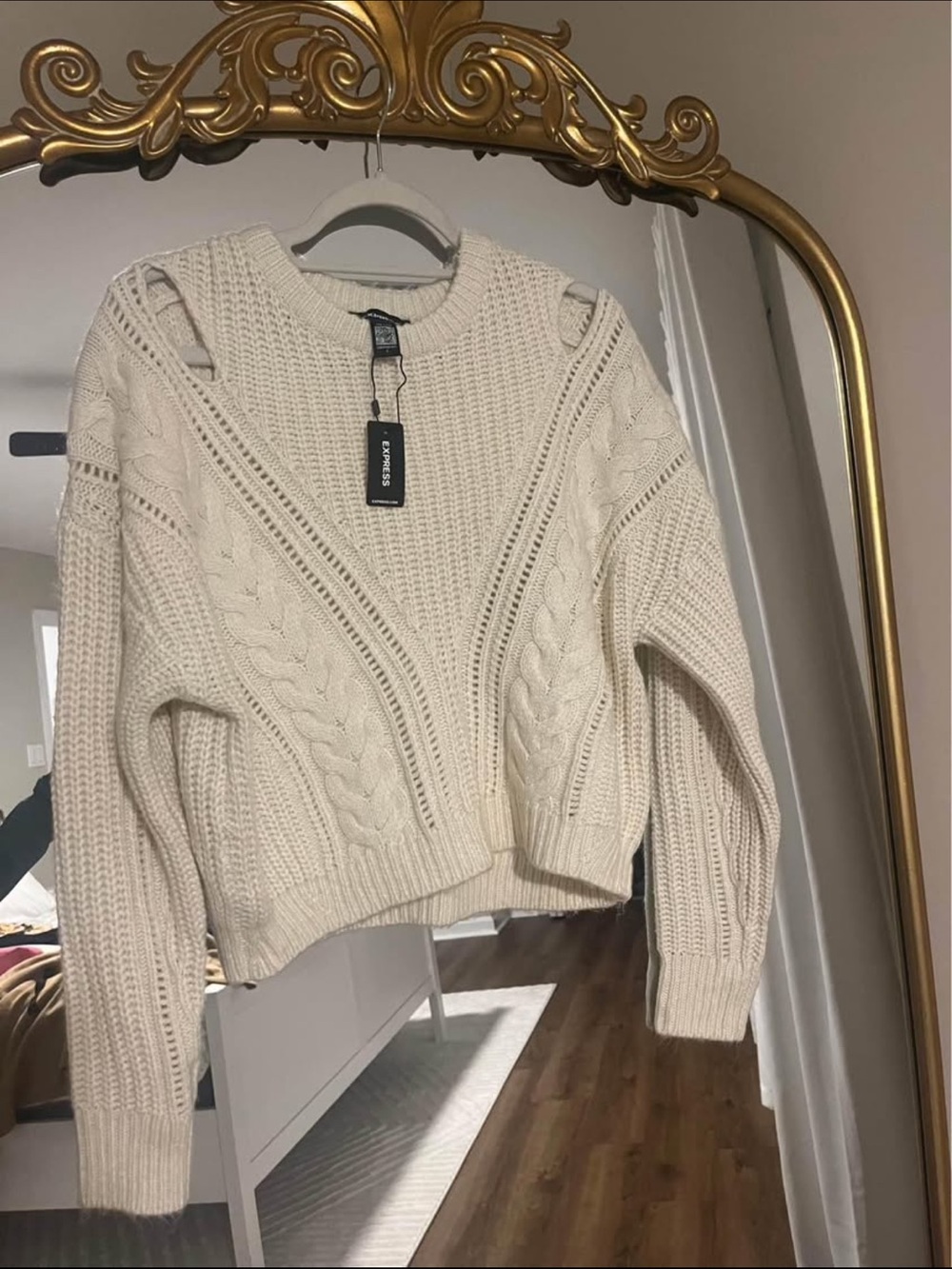 NWT Express Cream Cable Knit Cutout Crewneck Sweater